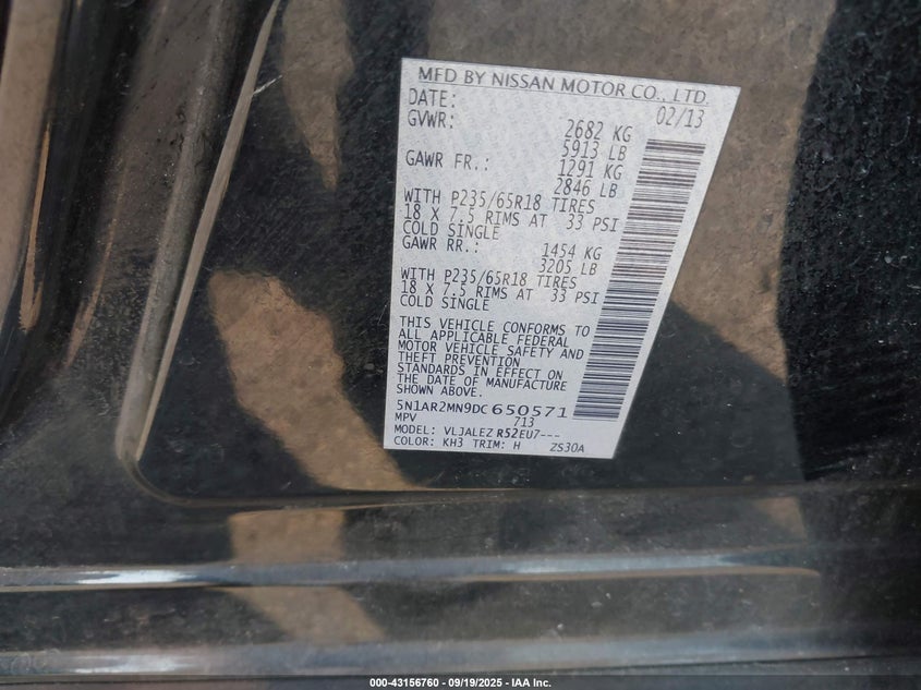 2013 Nissan Pathfinder Sv VIN: 5N1AR2MN9DC650571 Lot: 43156760