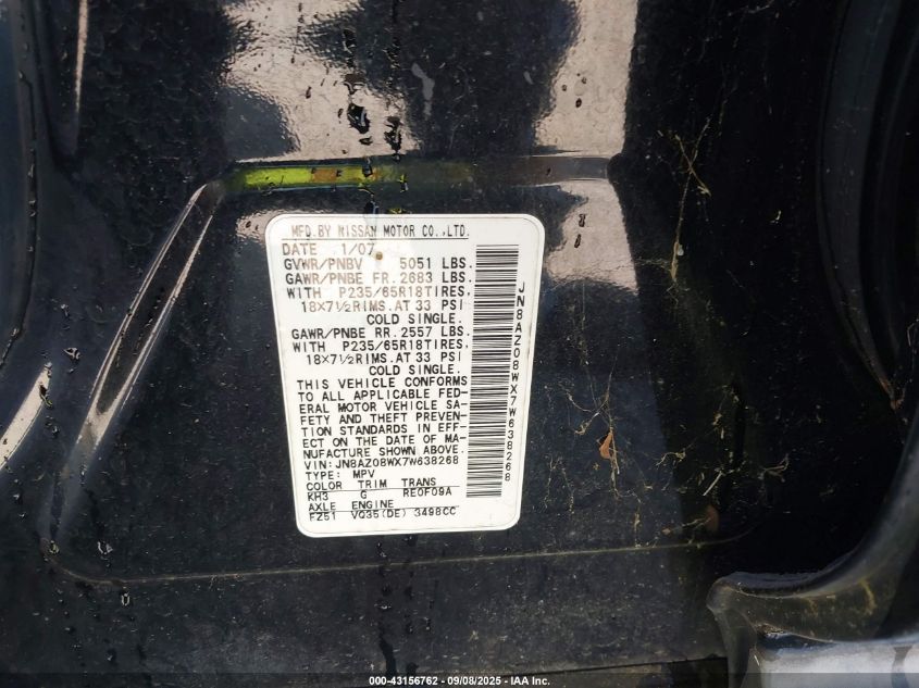 2007 Nissan Murano S VIN: JN8AZ08WX7W638268 Lot: 43156762