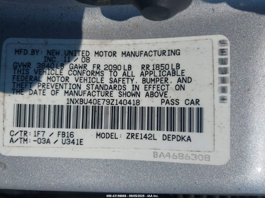 2009 Toyota Corolla Le VIN: 1NXBU40E79Z140418 Lot: 43156866