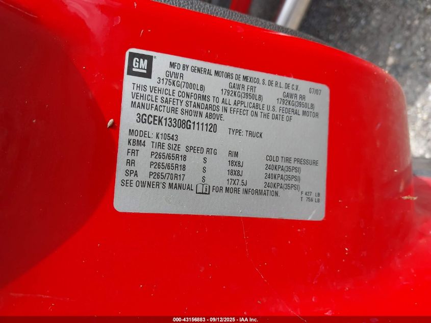 2008 Chevrolet Silverado 1500 Lt2 VIN: 3GCEK13308G111120 Lot: 43156883