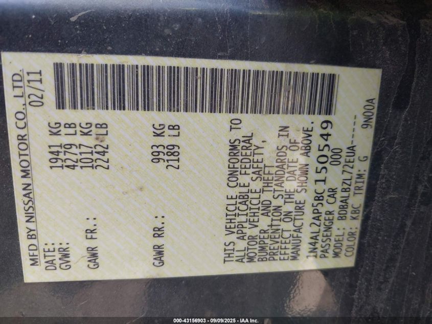 2011 Nissan Altima 2.5 S VIN: 1N4AL2AP5BC150549 Lot: 43156903