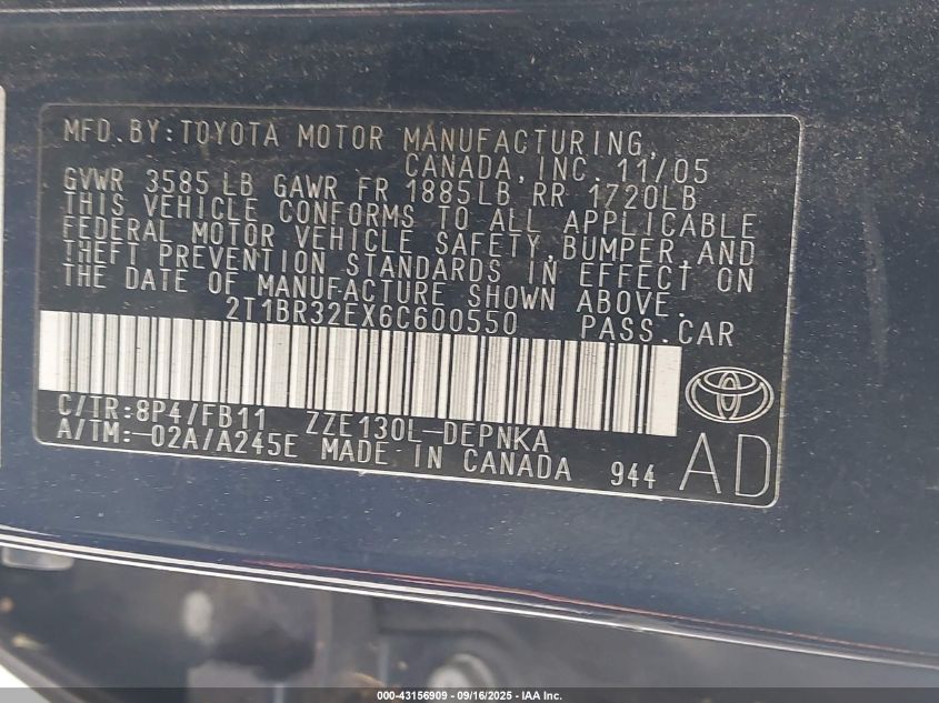 2006 Toyota Corolla Ce/Le/S VIN: 2T1BR32EX6C600550 Lot: 43156909