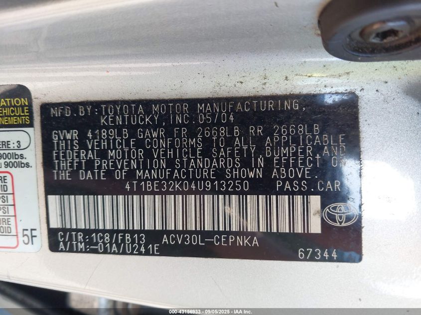 2004 Toyota Camry Le VIN: 4T1BE32K04U913250 Lot: 43156933