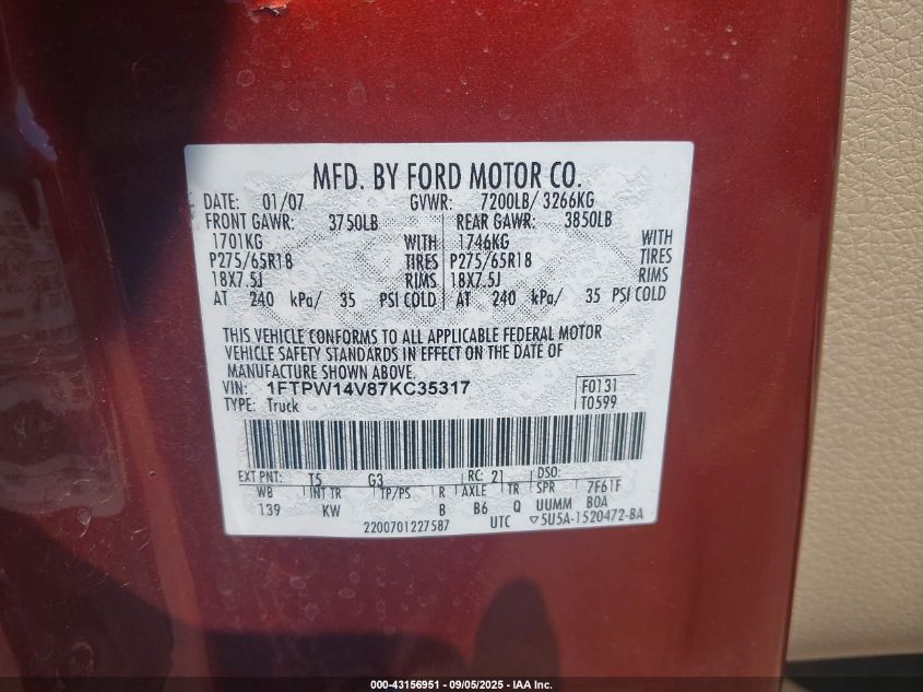 2007 Ford F-150 Fx4/Lariat/Xlt VIN: 1FTPW14V87KC35317 Lot: 43156951