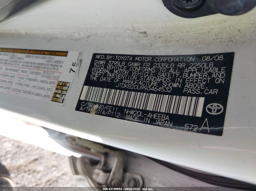 2009 Toyota Prius VIN: JTDKB20U993464532 Lot: 43156954