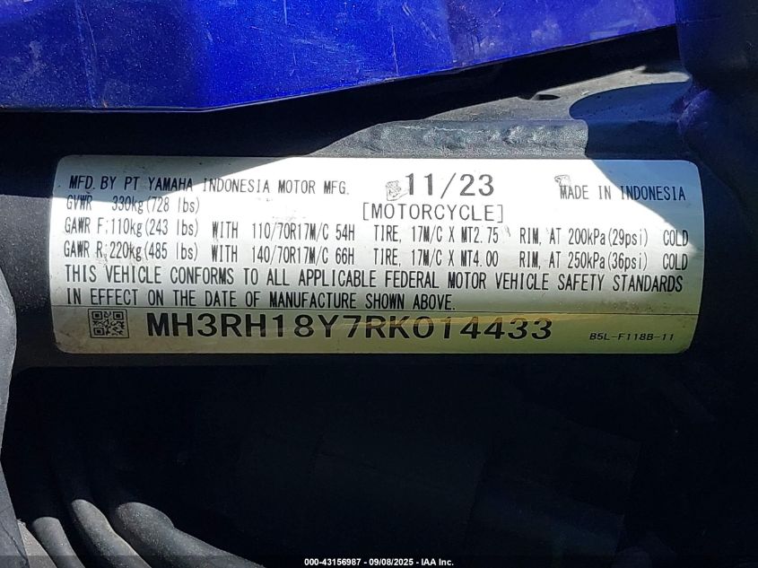 2024 Yamaha Yzfr3 A VIN: MH3RH18Y7RK014433 Lot: 43156987