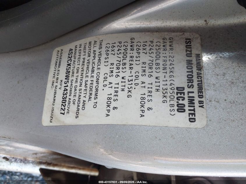 2001 Isuzu Rodeo Ls 3.2L V6/Lse 3.2L V6/S 3.2L V6 VIN: 4S2CK58W514330227 Lot: 43157031