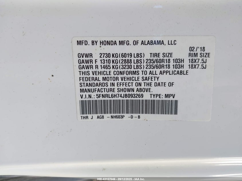 2018 Honda Odyssey Ex-L VIN: 5FNRL6H74JB093269 Lot: 43157046