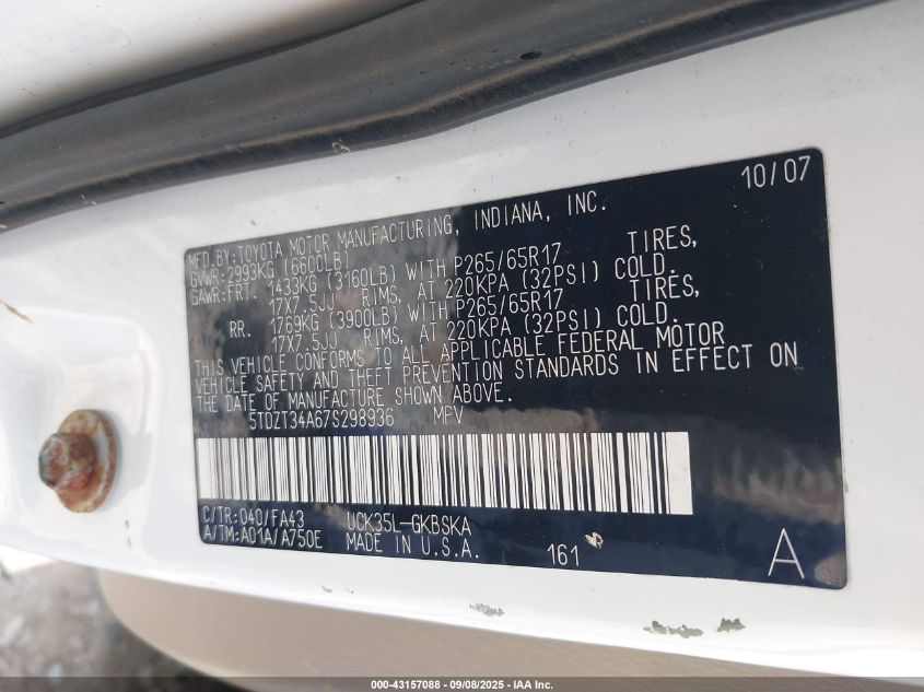 2007 Toyota Sequoia Sr5 V8 VIN: 5TDZT34A67S298936 Lot: 43157088