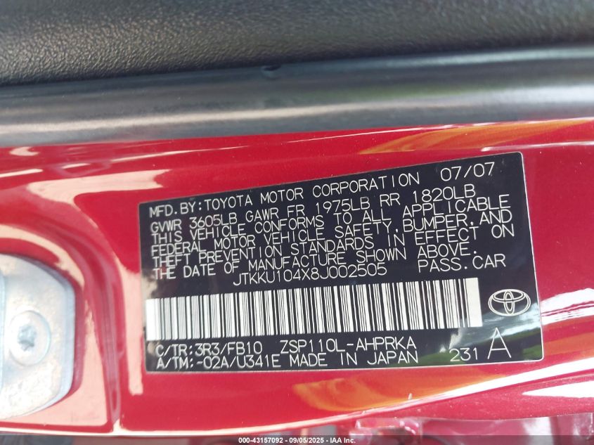 2008 Scion Xd VIN: JTKKU104X8J002505 Lot: 43157092