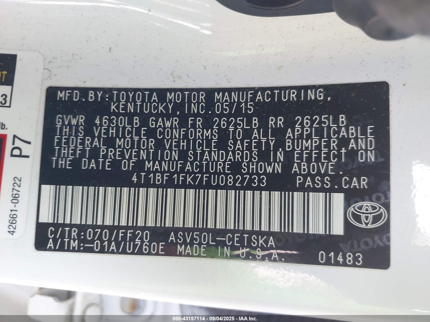 2015 TOYOTA CAMRY SE 4T1BF1FK7FU082733