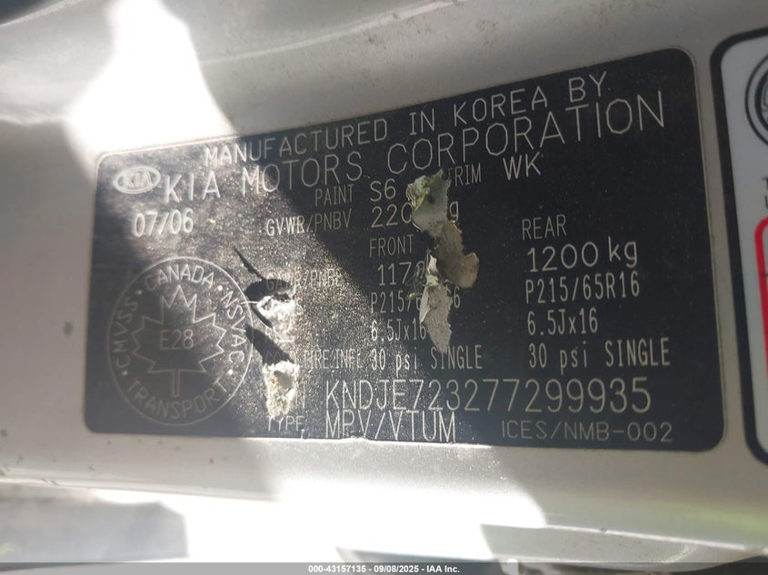 2007 Kia Sportage VIN: KNDJE723277299935 Lot: 43157135