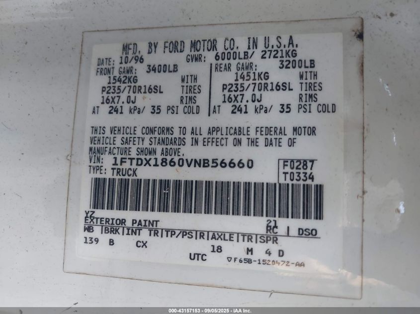 1997 Ford F-150 Lariat/Xl/Xlt VIN: 1FTDX1860VNB56660 Lot: 43157153