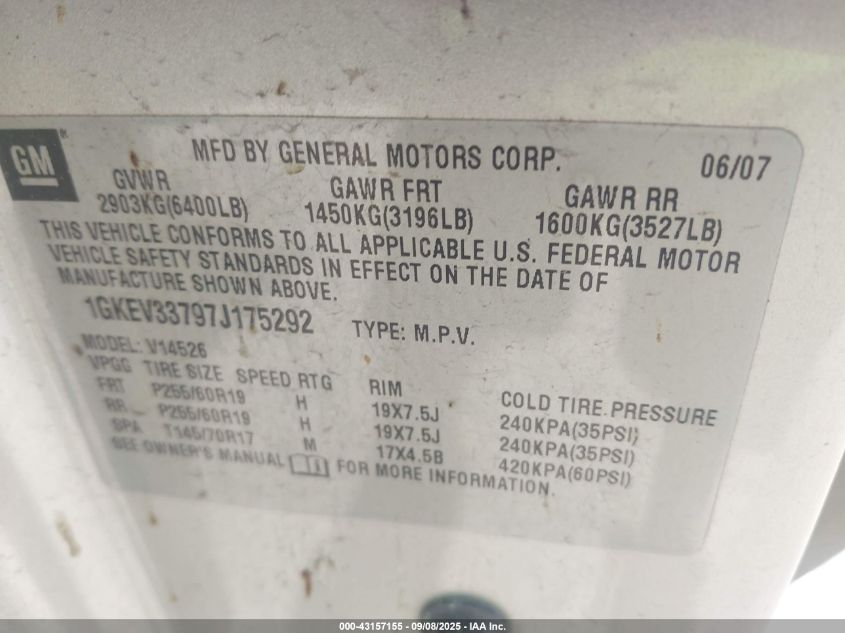 2007 GMC Acadia Slt-1 VIN: 1GKEV33797J175292 Lot: 43157155