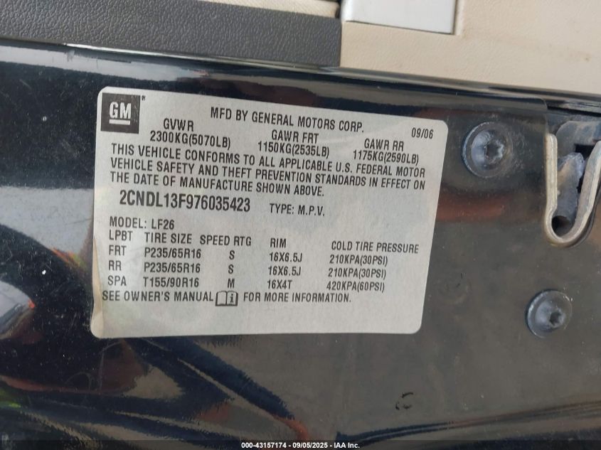 2007 Chevrolet Equinox Ls VIN: 2CNDL13F976035423 Lot: 43157174