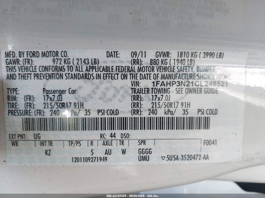 2012 Ford Focus Titanium VIN: 1FAHP3N21CL248521 Lot: 43157225