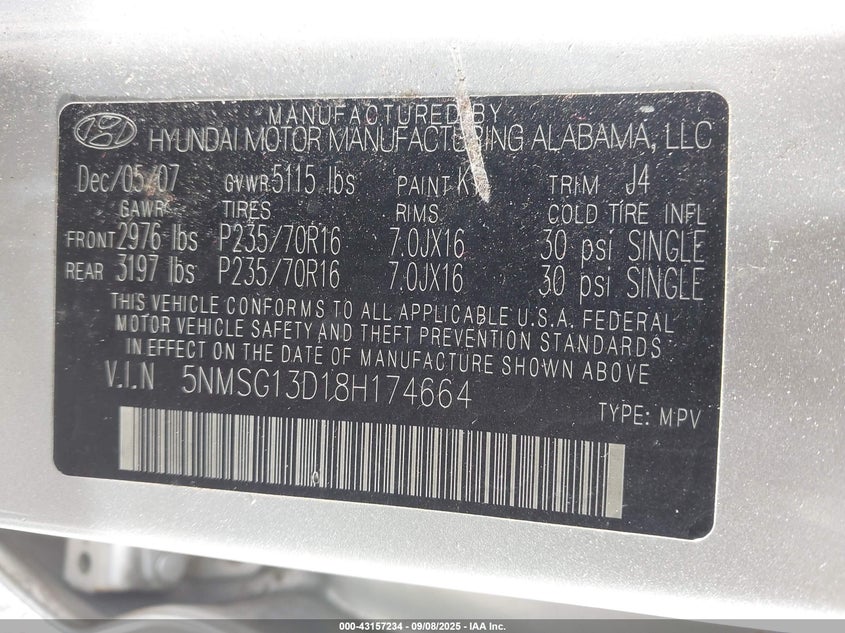 2008 Hyundai Santa Fe Gls VIN: 5NMSG13D18H174664 Lot: 43157234