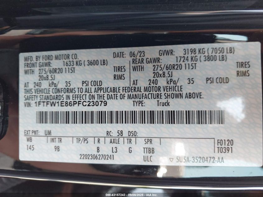 2023 Ford F-150 Platinum VIN: 1FTFW1E86PFC23079 Lot: 43157243