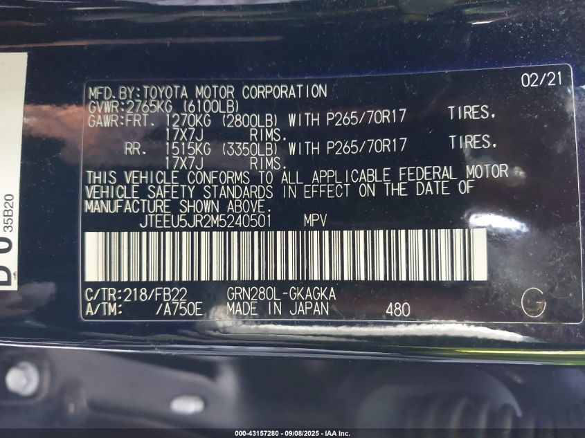 2021 Toyota 4Runner Sr5 VIN: JTEEU5JR2M5240501 Lot: 43157280