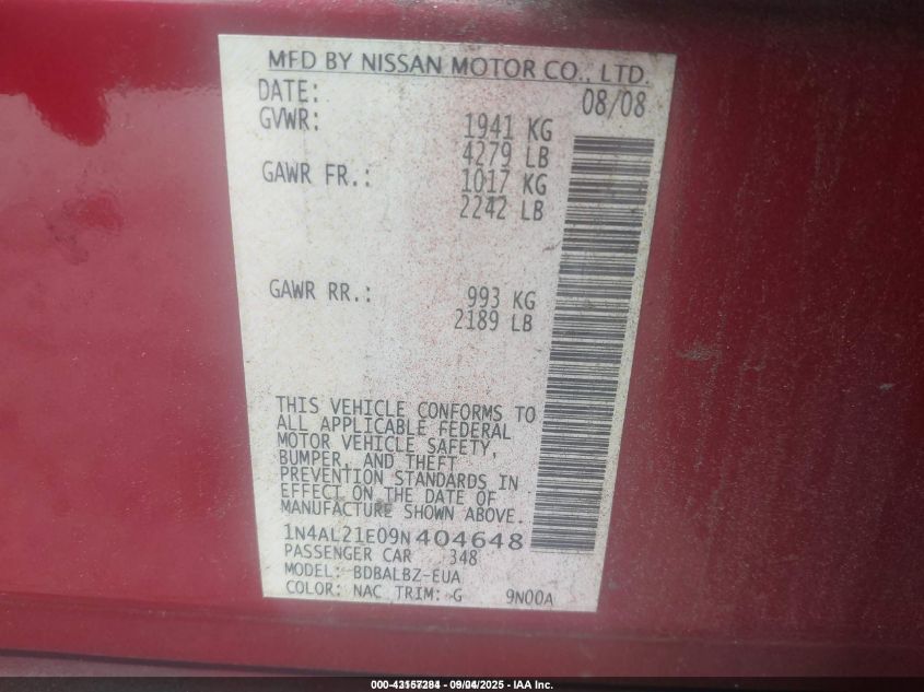 2009 Nissan Altima 2.5 S VIN: 1N4AL21E09N404648 Lot: 43157284