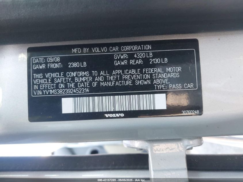 2009 Volvo S40 2.4I VIN: YV1MS382392452314 Lot: 43157289