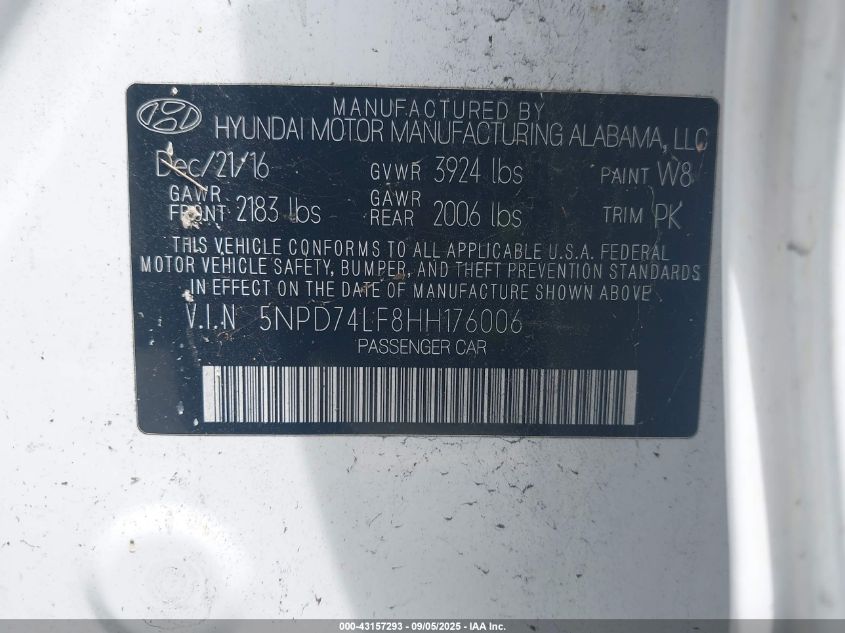 2017 Hyundai Elantra Se VIN: 5NPD74LF8HH176006 Lot: 43157293