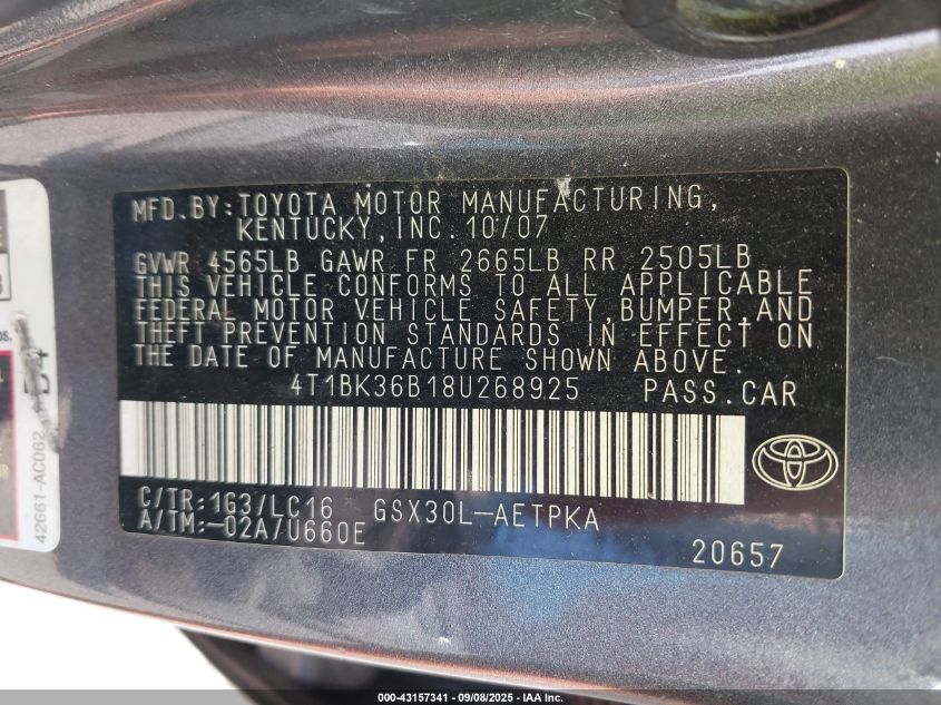 2008 Toyota Avalon Limited VIN: 4T1BK36B18U268925 Lot: 43157341