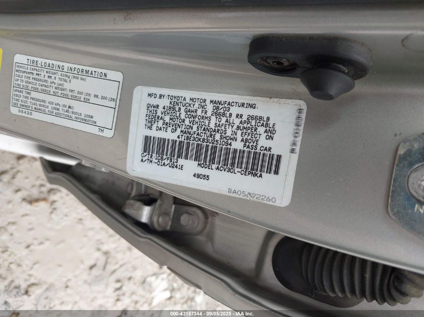 2003 Toyota Camry Le VIN: 4T1BE30K83U251094 Lot: 43157344