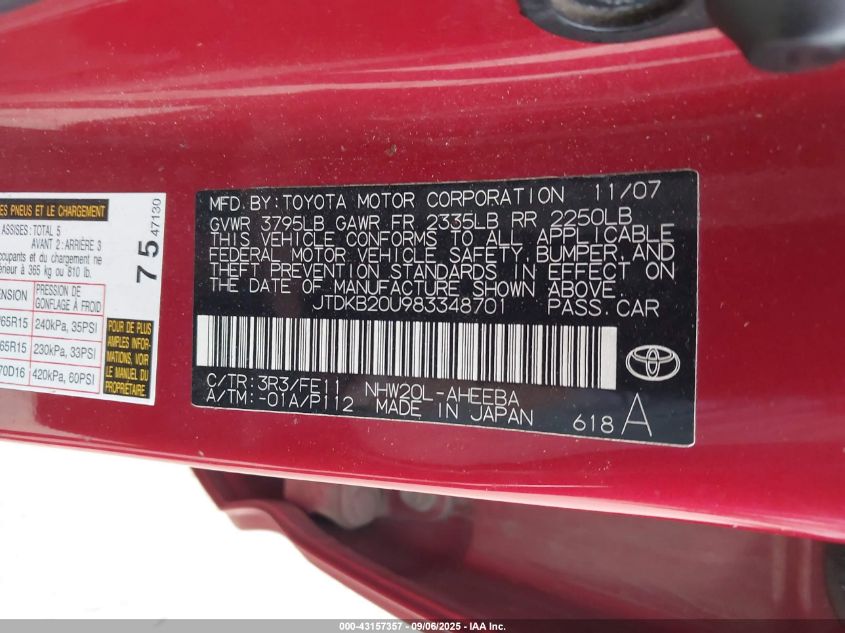 2008 Toyota Prius VIN: JTDKB20U983348701 Lot: 43157357
