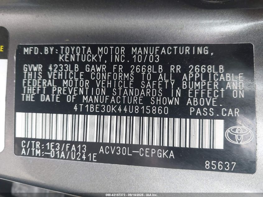 2004 Toyota Camry Xle VIN: 4T1BE30K44U815860 Lot: 43157373