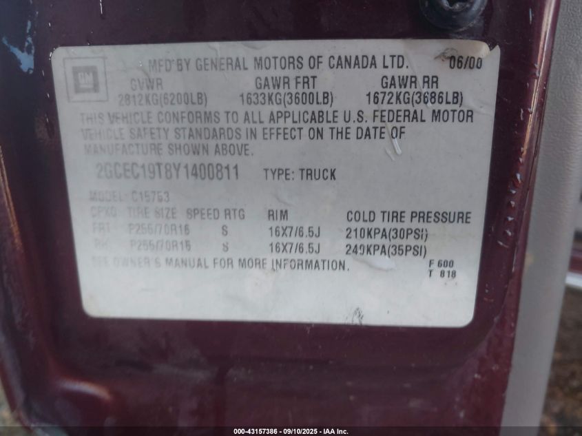 2000 Chevrolet Silverado 1500 Ls VIN: 2GCEC19T8Y1400811 Lot: 43157386