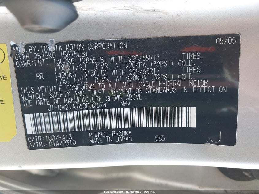 JTEDW21A760002674 2006 TOYOTA HIGHLANDER photo no. 9