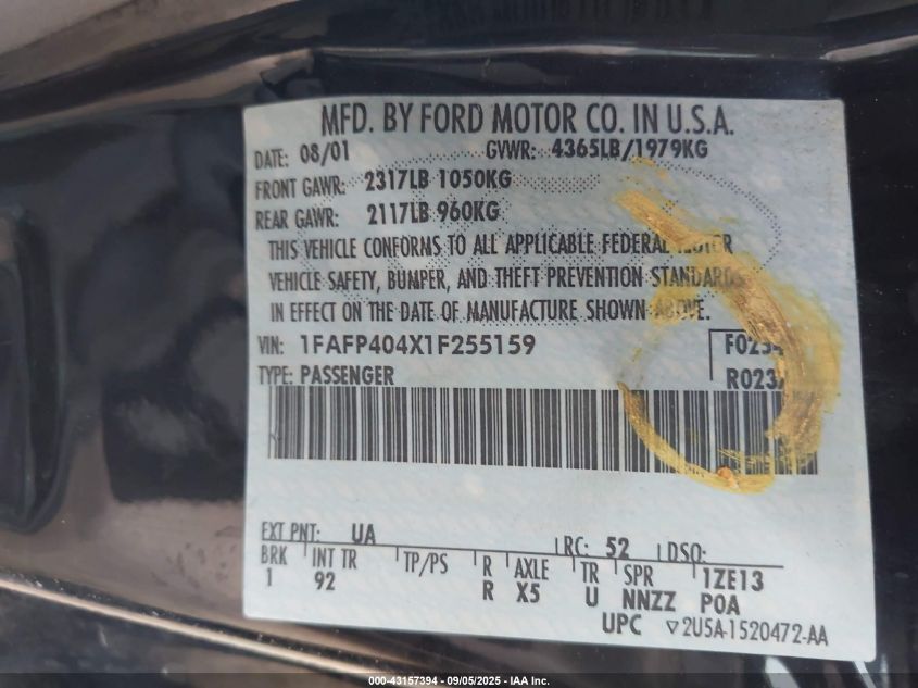 2001 Ford Mustang VIN: 1FAFP404X1F255159 Lot: 43157394