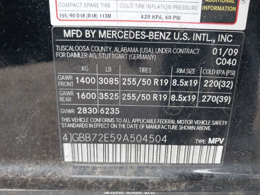 2009 Mercedes-Benz Ml 550 4Matic VIN: 4JGBB72E59A504504 Lot: 43157447