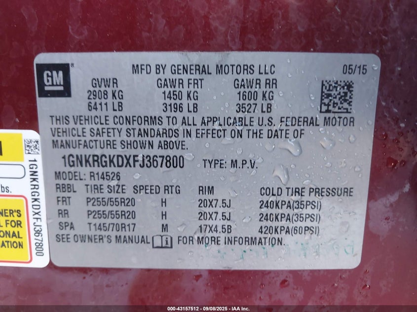 2015 CHEVROLET TRAVERSE 1LT - 1GNKRGKDXFJ367800