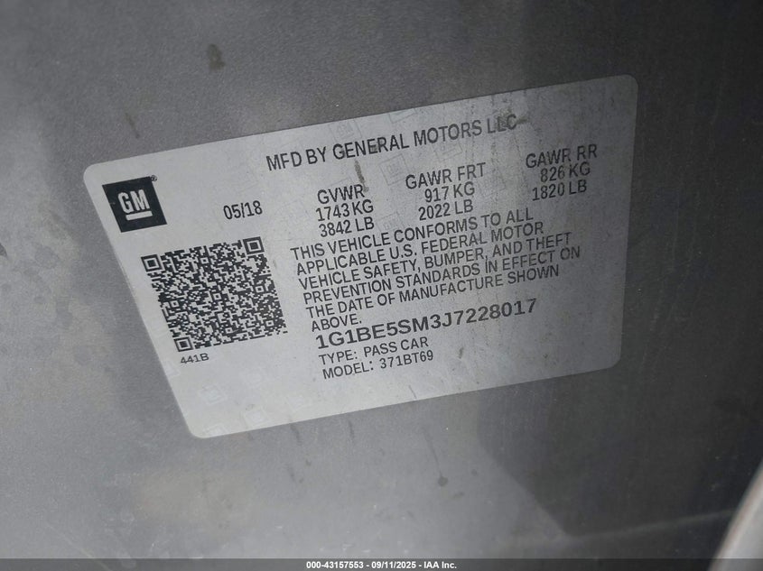 2018 CHEVROLET CRUZE LT AUTO - 1G1BE5SM3J7228017