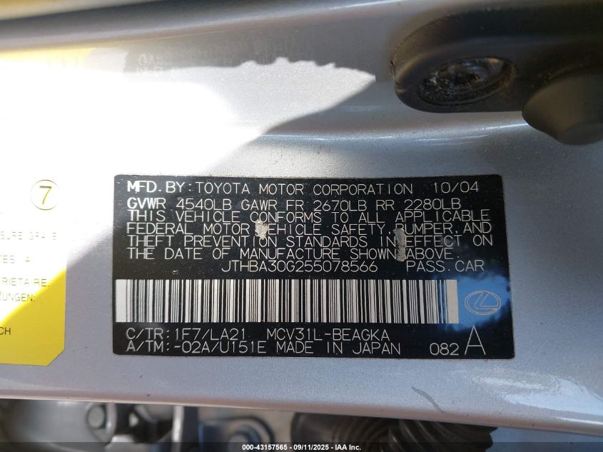 2005 Lexus Es 330 VIN: JTHBA30G255078566 Lot: 43157565