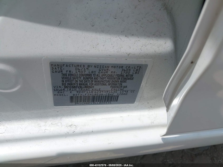 2020 Nissan Versa Sv Xtronic Cvt VIN: 3N1CN8EV3LL800531 Lot: 43157576