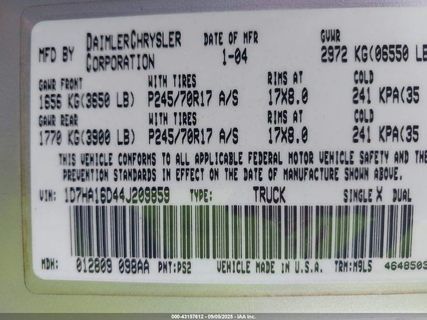 2004 Dodge Ram 1500 Slt/Laramie VIN: 1D7HA16D44J209859 Lot: 43157612