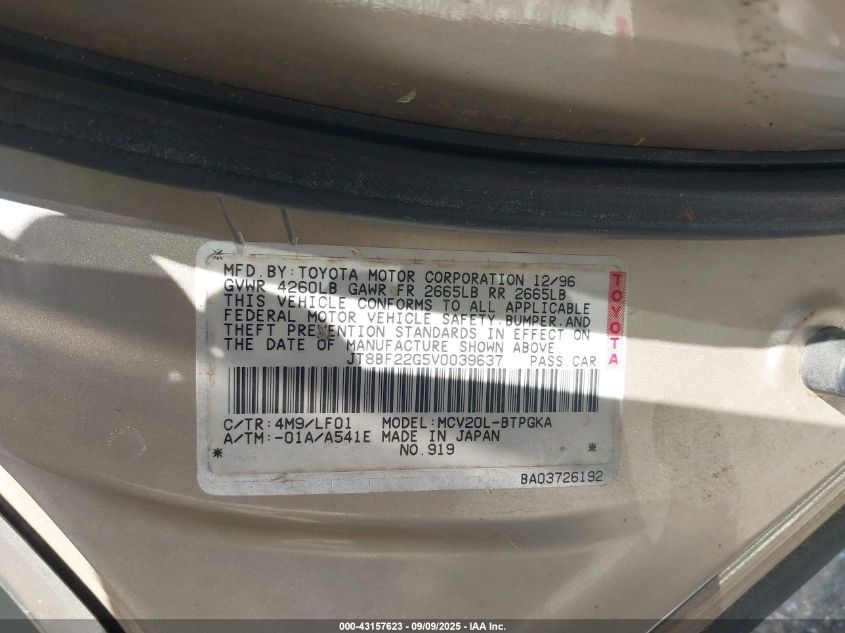 1997 Lexus Es 300 VIN: JT8BF22G5V0039637 Lot: 43157623