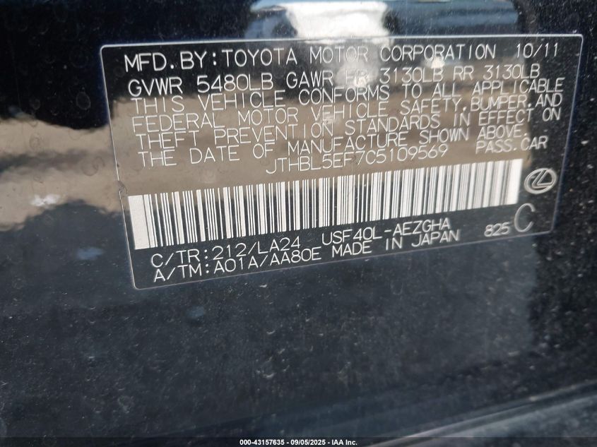 2012 Lexus Ls 460 VIN: JTHBL5EF7C5109569 Lot: 43157635