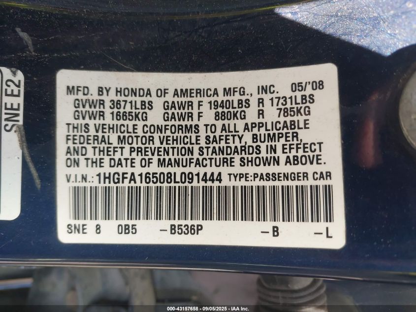 2008 Honda Civic Lx VIN: 1HGFA16508L091444 Lot: 43157658
