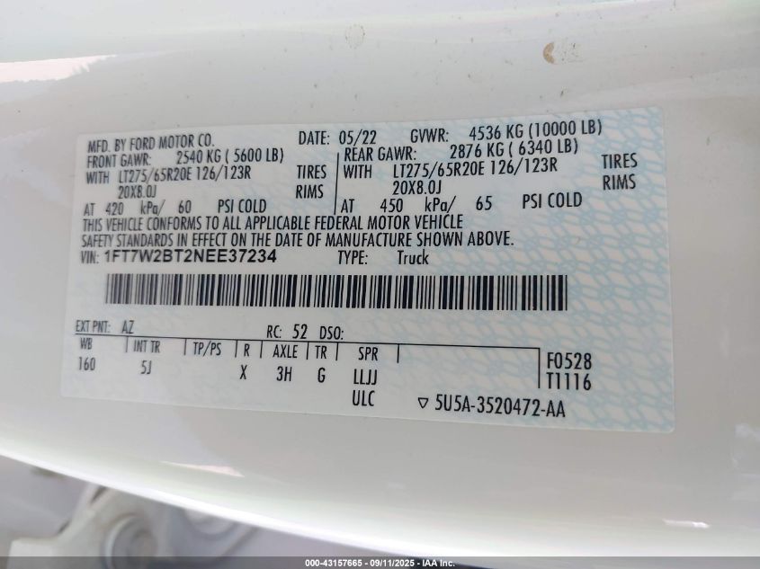 2022 Ford F-250 Lariat VIN: 1FT7W2BT2NEE37234 Lot: 43157665