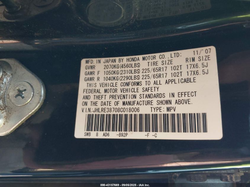 2008 Honda Cr-V Ex-L VIN: JHLRE38708C018006 Lot: 43157669