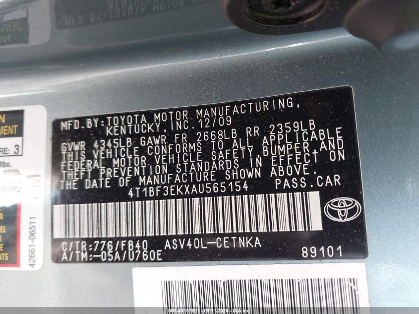 2010 Toyota Camry Le VIN: 4T1BF3EKXAU565154 Lot: 43157681