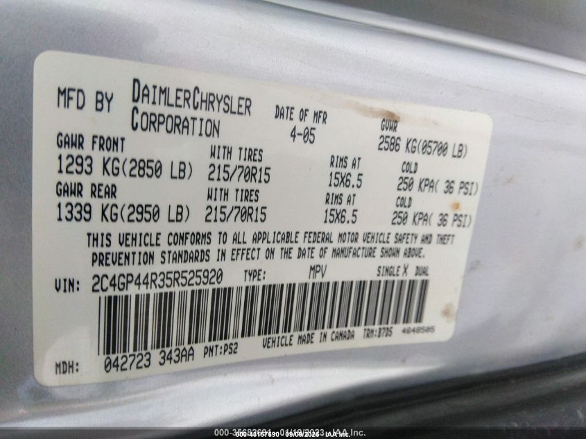 2005 Chrysler Town & Country Lx VIN: 2C4GP44R35R525920 Lot: 43157690