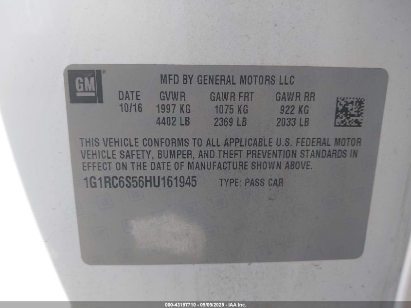 2017 Chevrolet Volt Lt VIN: 1G1RC6S56HU161945 Lot: 43157710