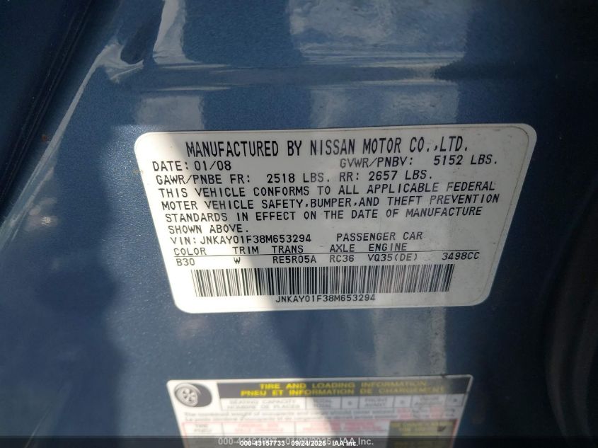 2008 Infiniti M35X VIN: JNKAY01F38M653294 Lot: 43157733