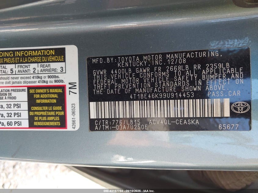 4T1BE46K99U914453 2009 TOYOTA CAMRY photo no. 9