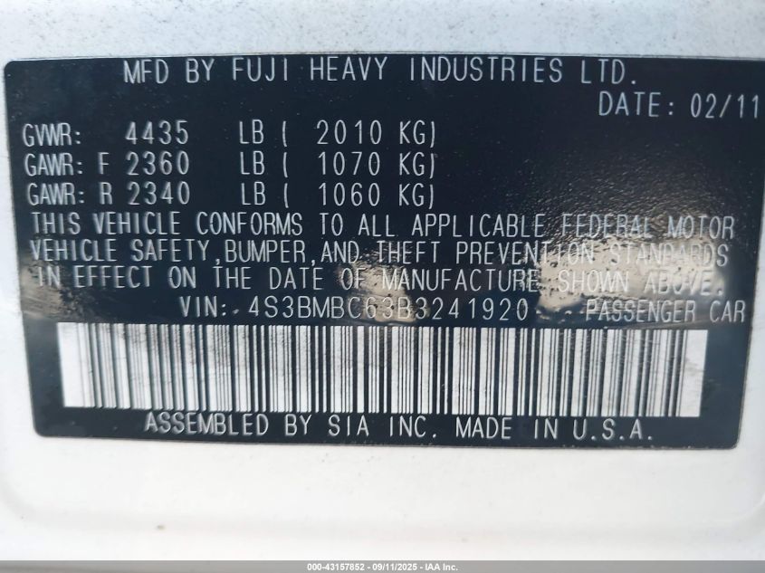 2011 Subaru Legacy 2.5I Premium VIN: 4S3BMBC63B3241920 Lot: 43157852